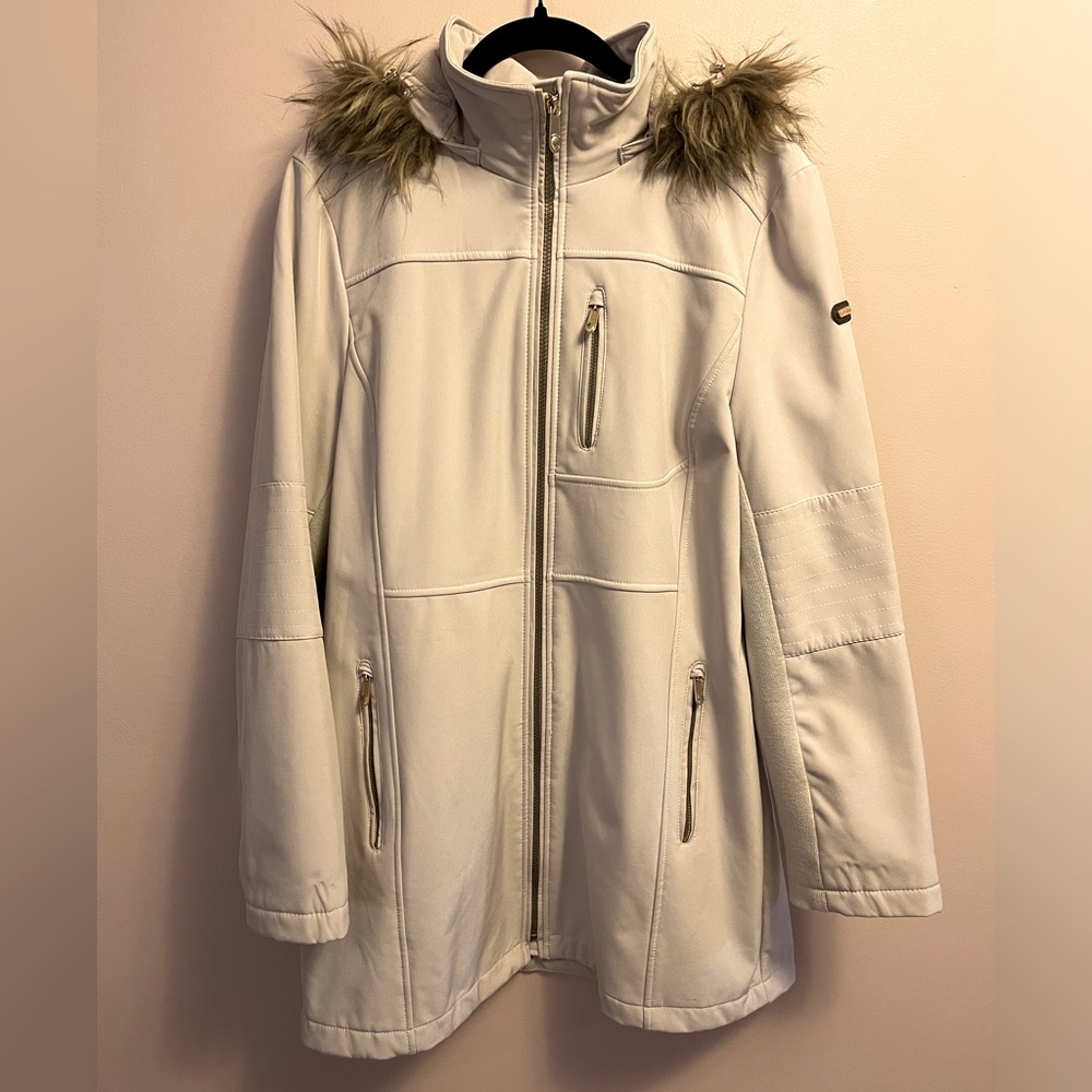 Calvin Klein Faux Fur Hooded Coat Jacket Womens Sz L Beige